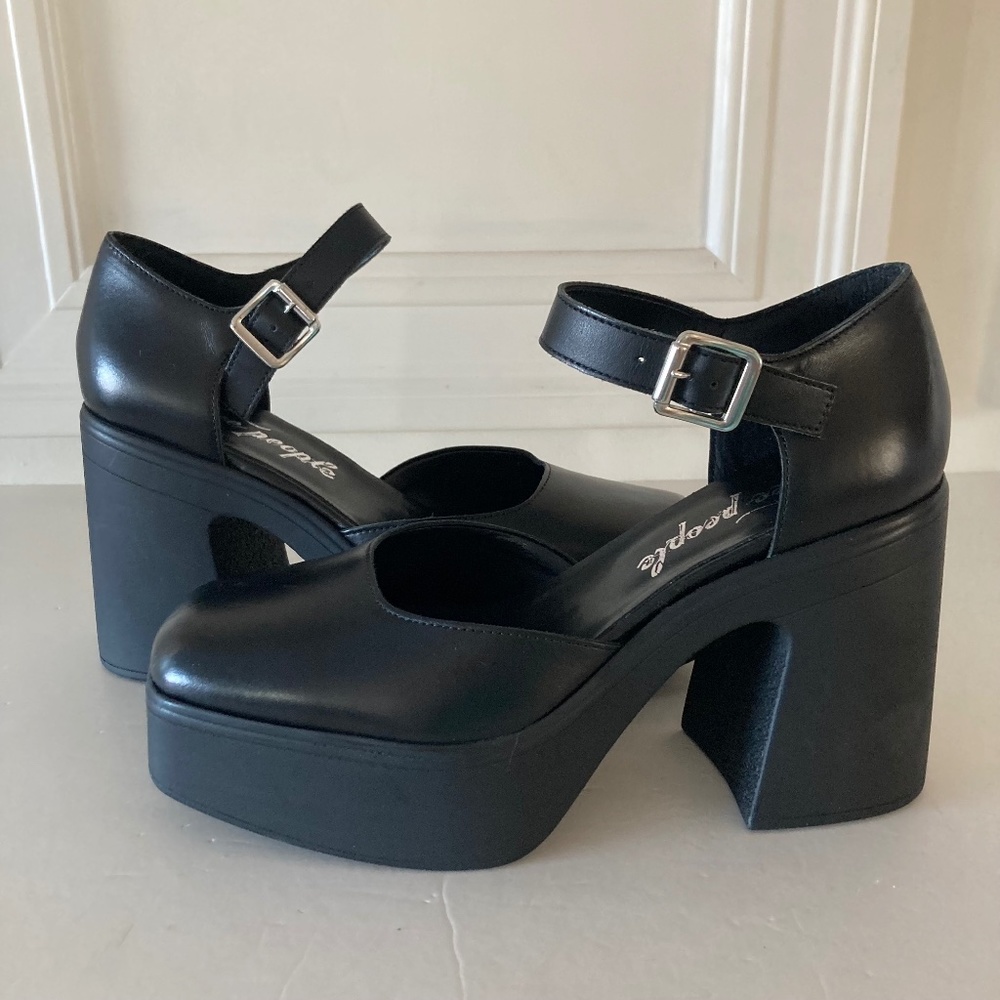 Free People Gwen Mary Jane Black Leather Square Toe Platforms Sz 39